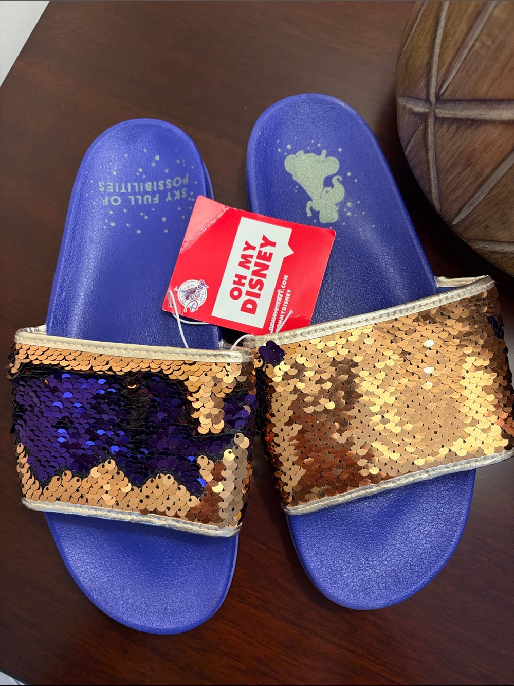 Disney Reversible Sequin Slide Sandals in Blue and Gold